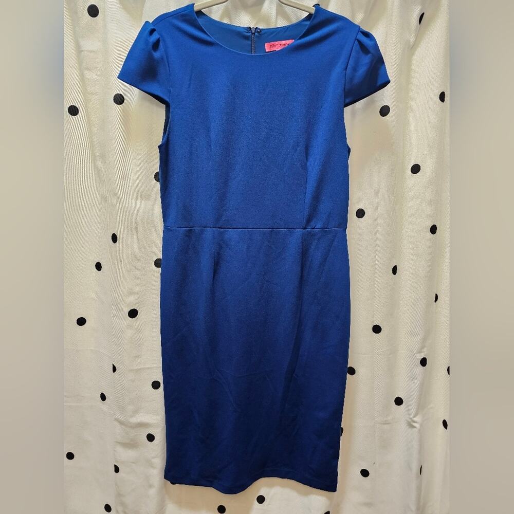 Betsey Johnson retro blue cap sleeve below knee pencil dress size 14